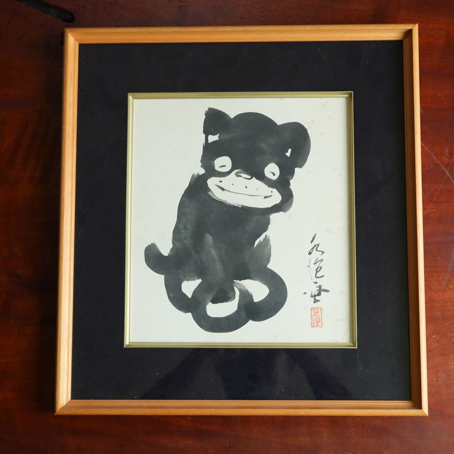 のらくろ 田河水泡 直筆サイン 初期落款 色紙絵 肉筆 彩色 絵画 額装