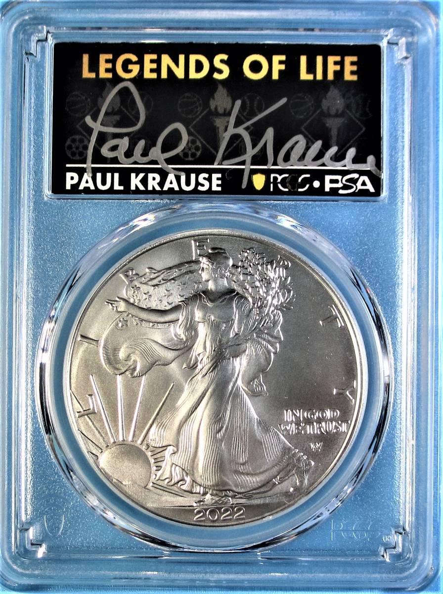 最高鑑定 シルバーイーグル 2022年 NFLレジェンド Paul Krause 直筆サイン １$ .999