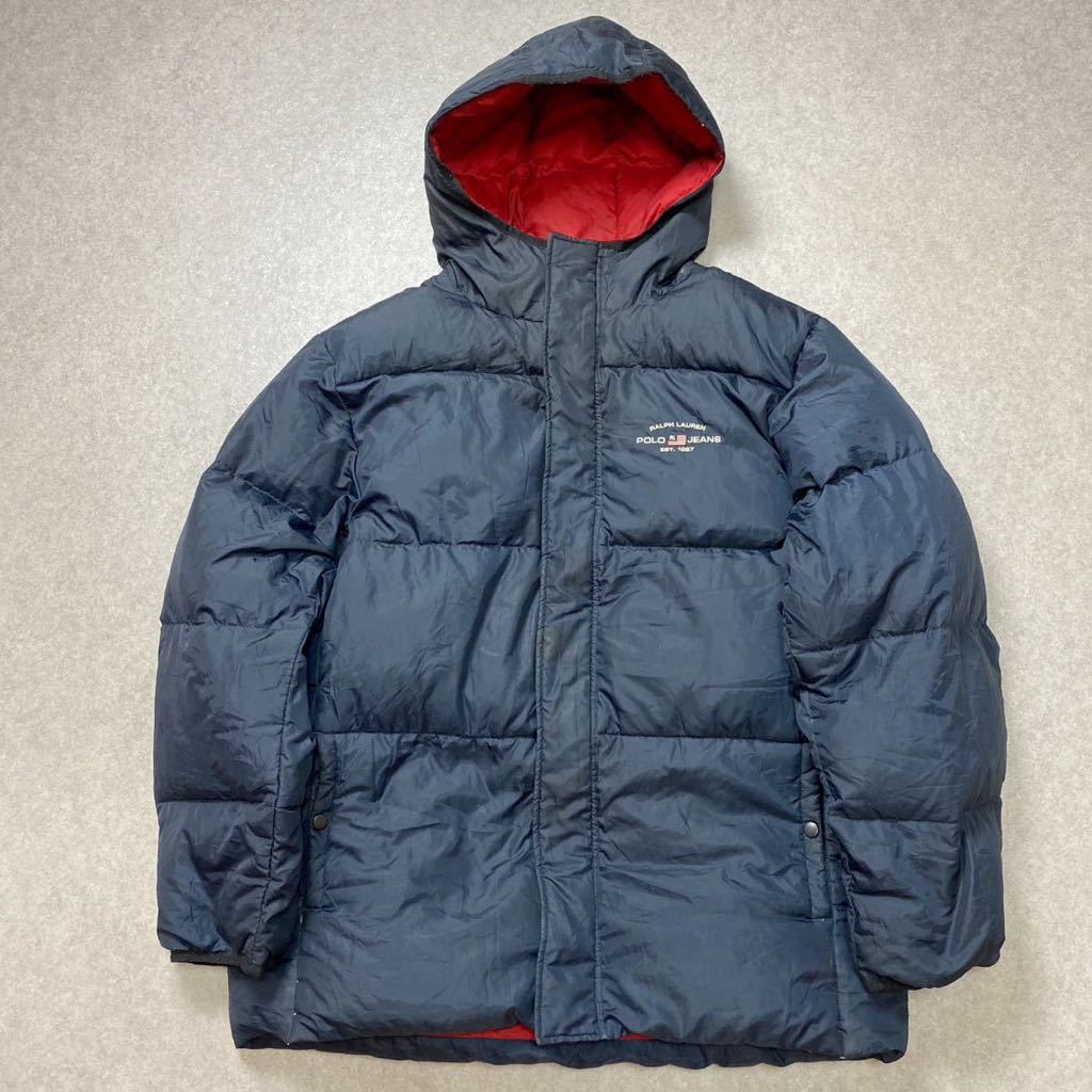 超希少 90s POLO JEANS ポロジーンズ ラルフローレン ダウンコート 大きいサイズ XLサイズ 刺繍ロゴ 裏地レッド フード付 ブラック