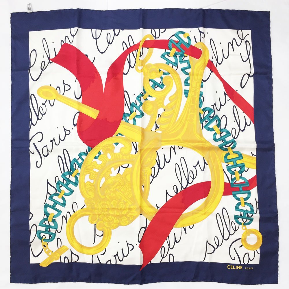 ◆激レア CELINE セリーヌ 宝飾品 英字柄 大判 シルク スカーフ 正方形オールドセリーヌ レディース ネイビー×イエロー×レッド 6BC/89122