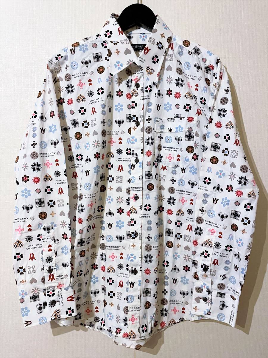 希少 バーバリーブラックレーベル BURBERRY BLACK LABEL 総柄 モノグラム マルチカラー 長袖 シャツ ホワイト 3/Lサイズ 美品 国内正規品