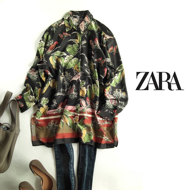 ザラZARA　Mサイズ　総柄プリントシャツチュニック　黒☆鳥模様