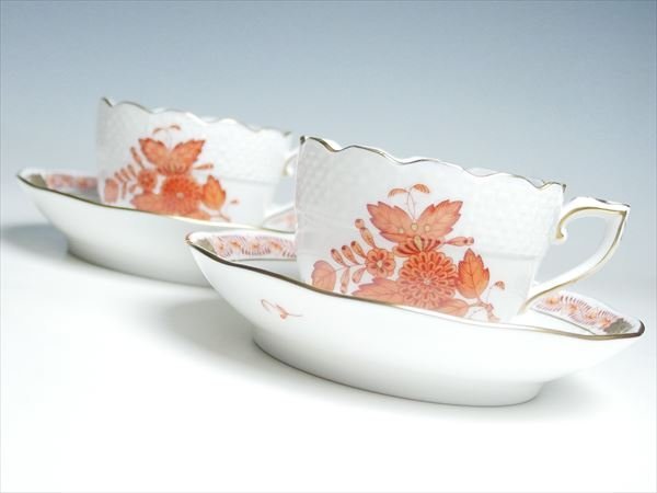 k527 HEREND ヘレンド アポニー オレンジ ペア デミタス カップ＆ソーサー 2客