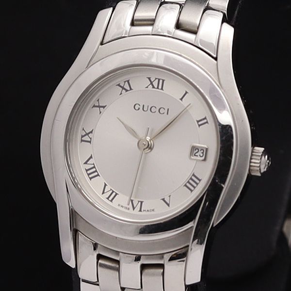 1円 稼働 良品 箱/コマ4/保証書付 グッチ QZ 5500L シルバー文字盤 デイト ローマン ラウンド レディース腕時計 AJW0239000SMD