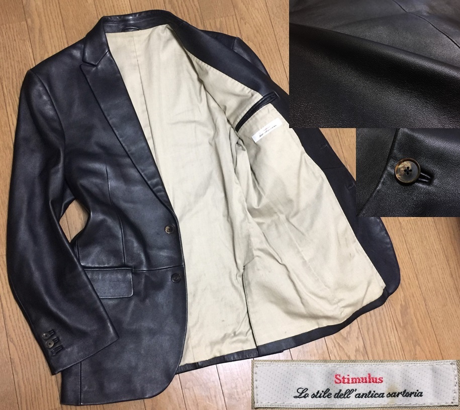 STIMULUS スティミュラス ワールド社 上質 羊革 柔らか ラムレザー 本切羽 2B テーラードジャケット メンズ 48 L位 黒 ブラック 本革