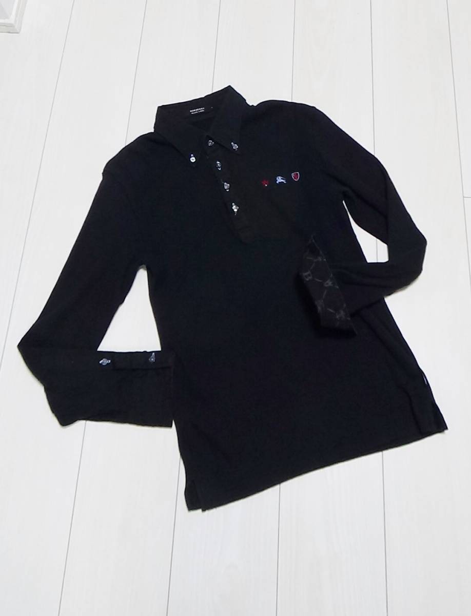 Burberry ブラック 長袖ポロシャツ M 美品 バーバリーロンドン 長袖 ポロシャツ ブラック M 日本製 黒