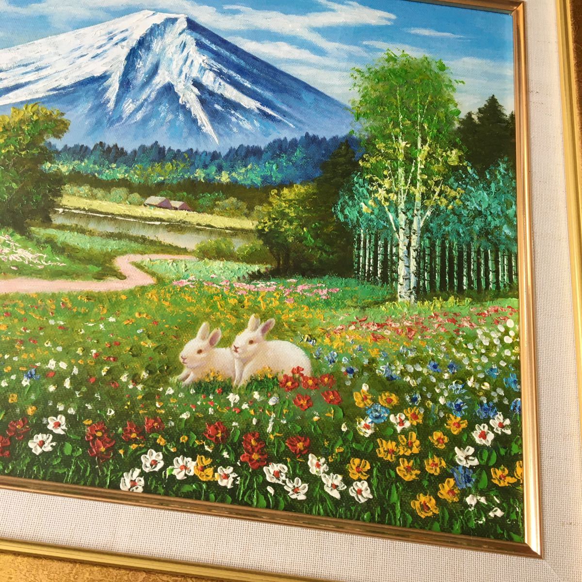 E. Kudo 油彩画 山の風景　サイン入り 油彩画 Kudo E. 山の風景 風と湖』、油彩画、F6号：40,9×31 サイン入り 絵画