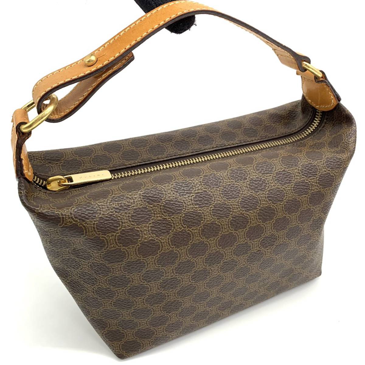 1円●極美品●CELINE セリーヌ マカダム柄 ミニハンドバッグ バニティ アクセサリーポーチ PVC レザー ヌメ革 ブラウン系 レディース