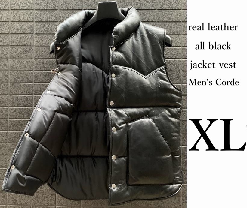 ◇モデル出品◇XLサイズ 牛革×黒デニム リッチ・レザーダウンベスト黒