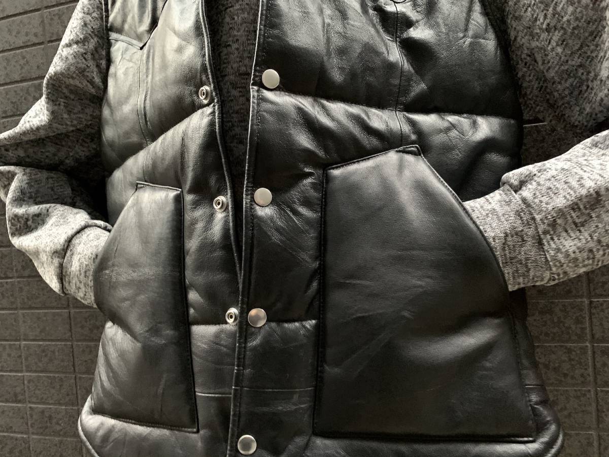◇モデル出品◇XLサイズ 牛革×黒デニム リッチ・レザーダウンベスト黒