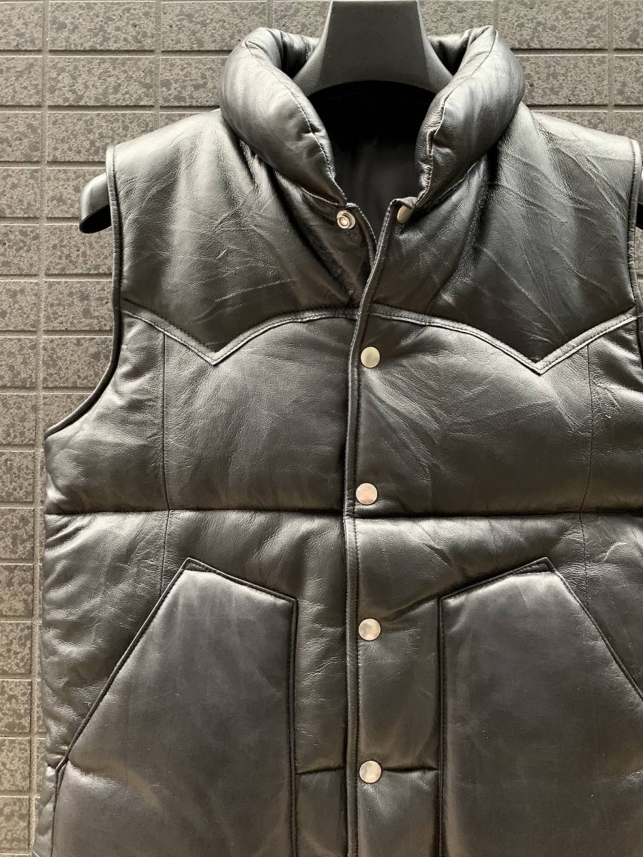 ◇モデル出品◇XLサイズ 牛革×黒デニム リッチ・レザーダウンベスト黒