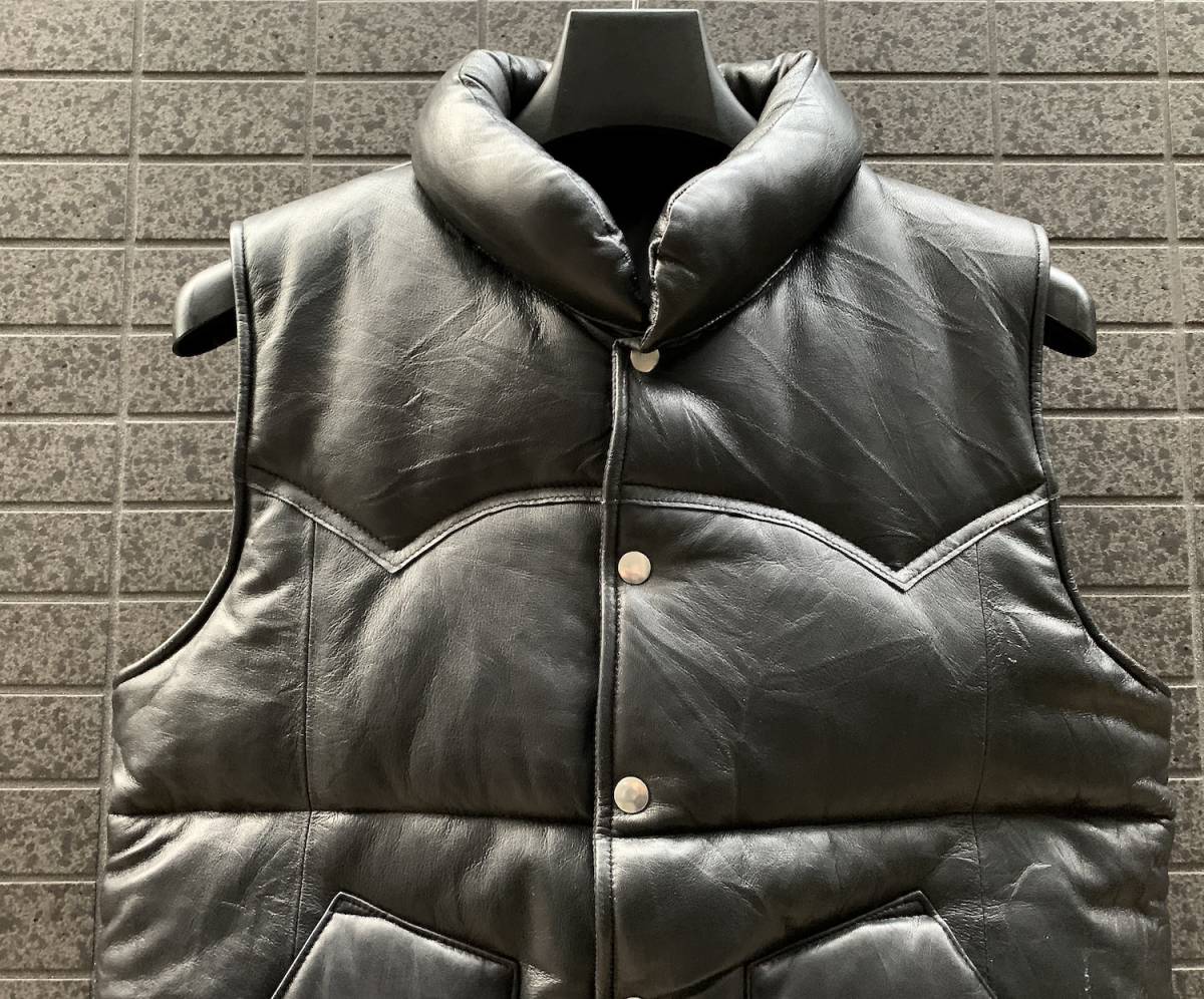 ◇モデル出品◇XLサイズ 牛革×黒デニム リッチ・レザーダウンベスト黒