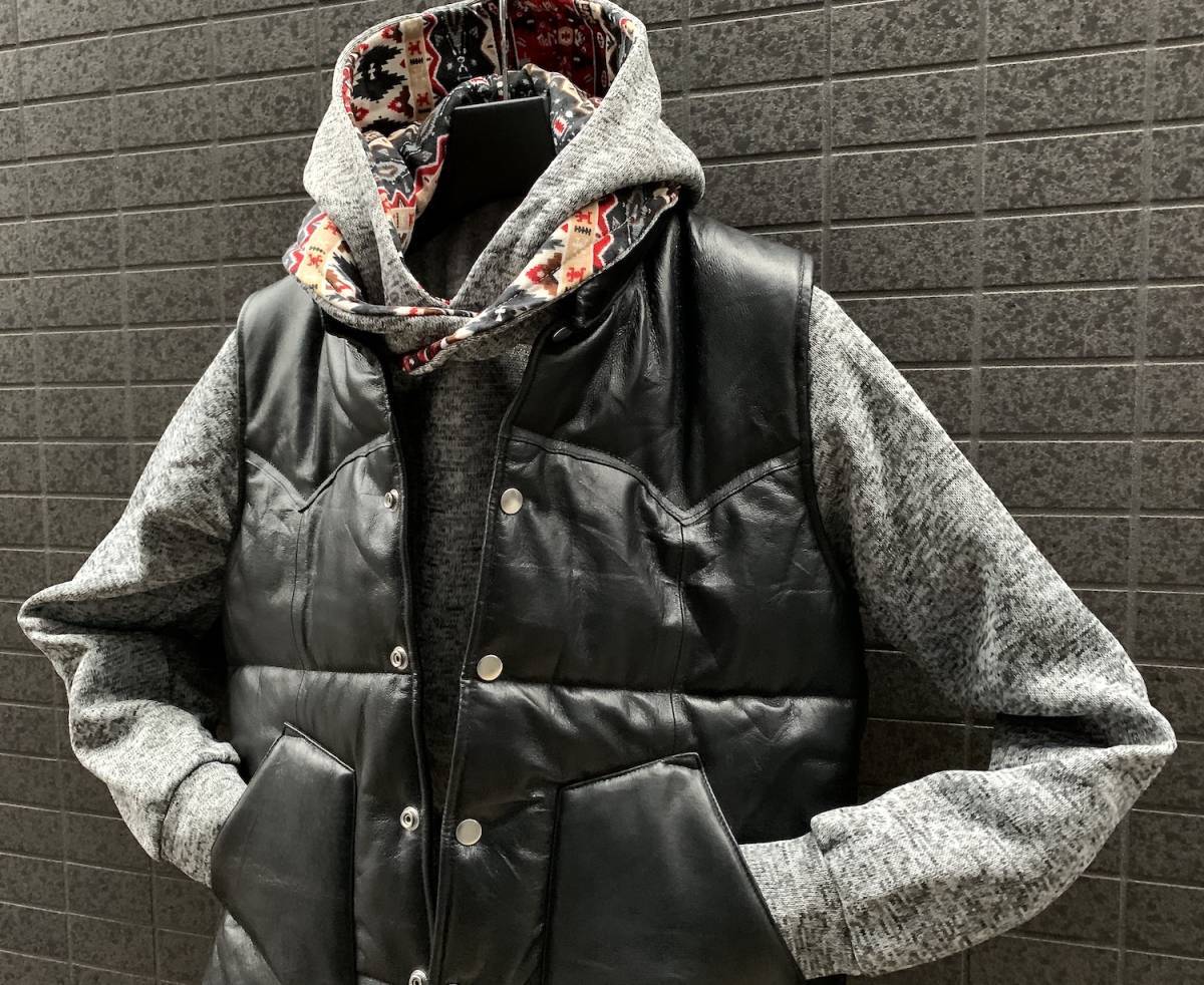 ◇モデル出品◇XLサイズ 牛革×黒デニム リッチ・レザーダウンベスト黒