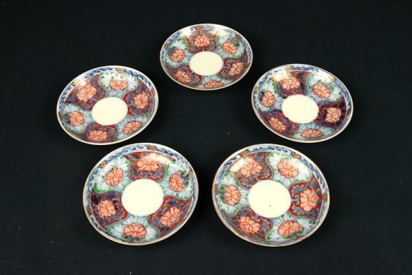 3516□ 伊万里色絵花文皿 5点セット 金彩色絵 染付 陶磁器