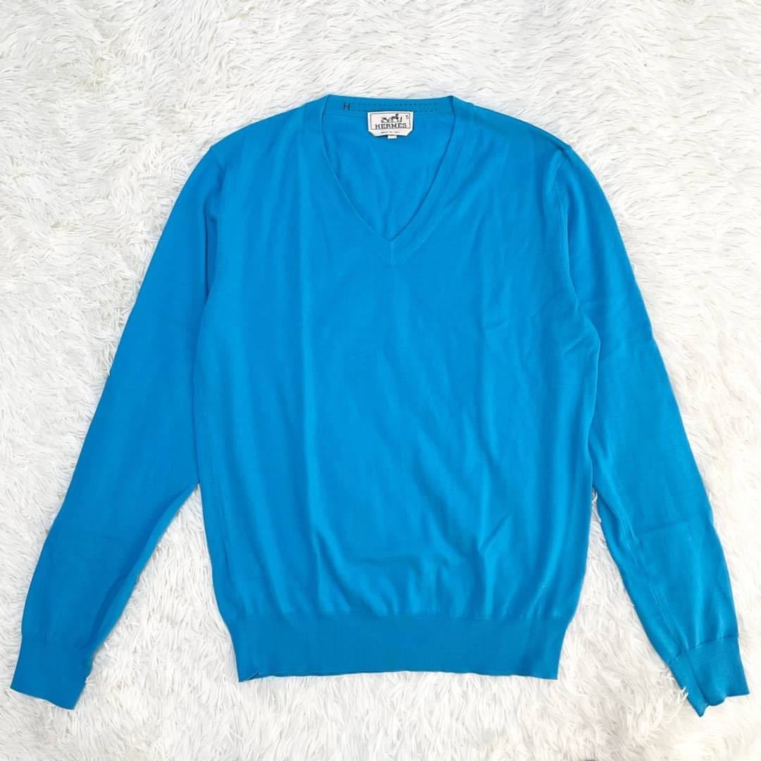 HERMES【希少カラー 美品】長袖セーター 長袖ニット L 青 エルメス Vネック ビジネス 仕事 通勤 メンズ 秋冬 ウール
