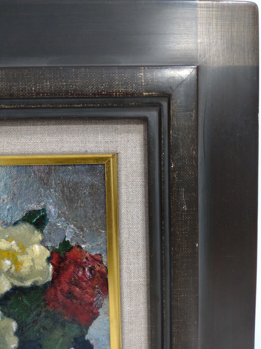 真作 油彩画/薔薇の画家 塚田とほる 1987 ばら 小品 裏書 直筆サイン
