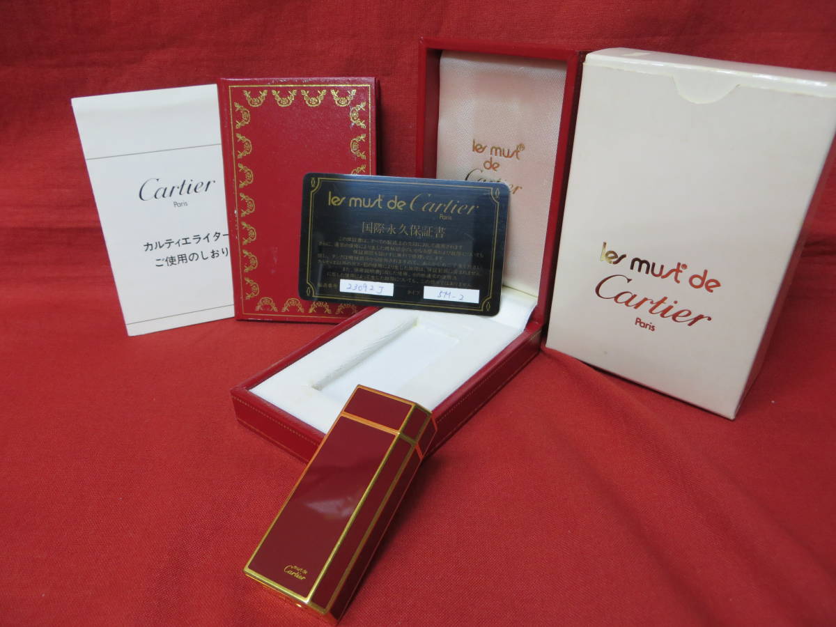 H【7981】 ★ Cartier 新型 五角形/ペンタゴン ボルドー×ゴールド色 ガスライター ★ 火花○ ローラー式 カルティエ 経年保管品