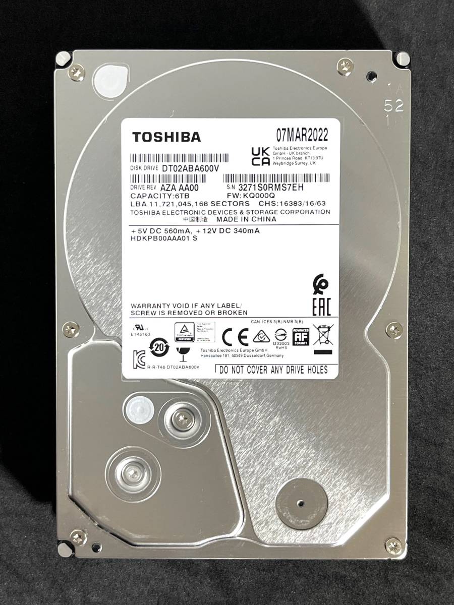【送料無料】　★ 6TB ★　TOSHIBA / DT02ABA600V　【使用時間： 68 ｈ】　2022年製　稼働極少　3.5インチ内蔵HDD　SATA　AVコマンド対応