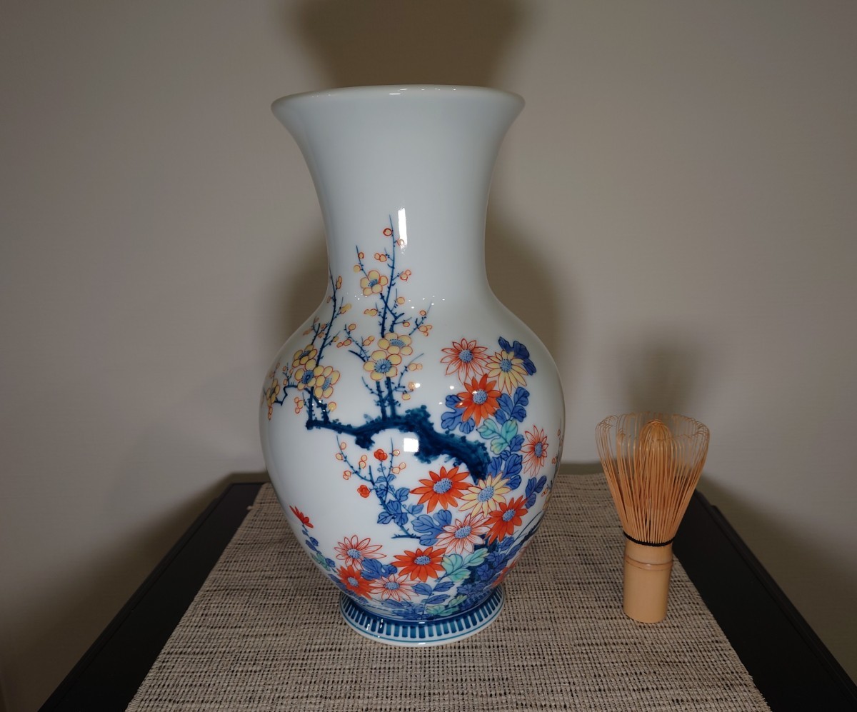 柴田岳山 作 伊万里焼(大川内焼) 色鍋島 花瓶 壷 花器 高約27.5cm