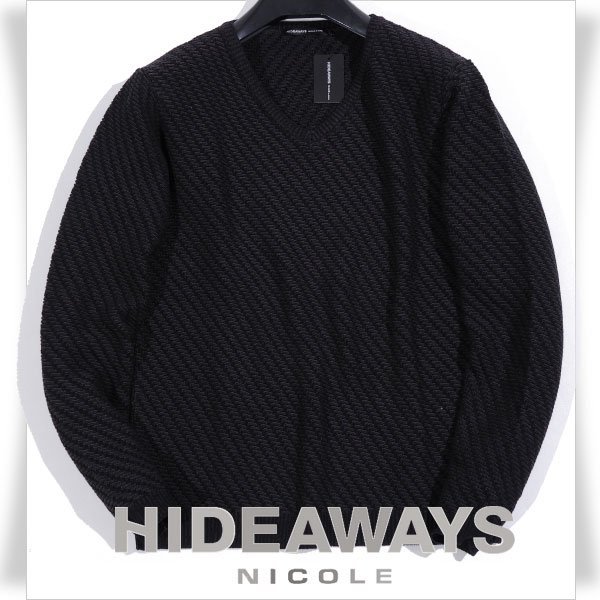 1円 HIDEAWAYS NICOLE ハイダウェイ ニコル メンズ 長袖 Vネック コットン綿 バイアスジャカードニット 46 M ブラック ...