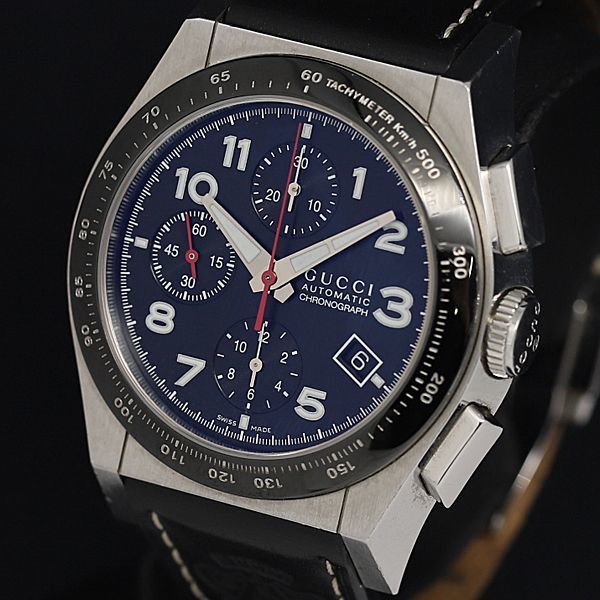 1円 稼動 良品 グッチ 115.2 AT/自動巻 デイト クロノグラフ 黒文字盤 メンズ腕時計 MTM 0158400