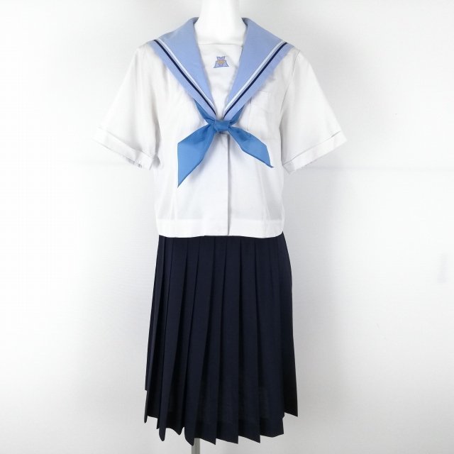1円 セーラー服 スカート スカーフ 上下3点セット LL 大きいサイズ 夏物 白青各1本線 女子 学生服 貝塚中学 白 制服 中古 ランクC NA0558