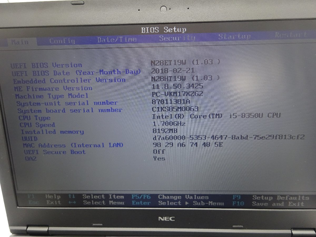 NEC VersaPro PC-VKM17XZG2 Core i5 8350U Intel i5-8350U タイプVX