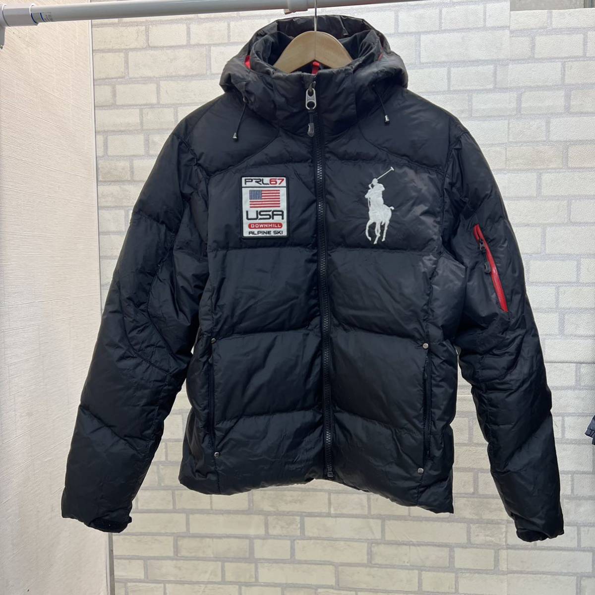 美品 ポロラルフローレン ダウンジャケット USA 星条旗 ワッペン ビッグポニー prl67 POLO RALPH LAUREN SPORT 黒 ブラック メンズ M