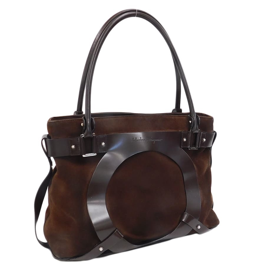 1円 ■ 美品 フェラガモ ハンドバッグ AU-21・5824 ブラウン系 レザー ガンチーニ Salvatore Ferragamo ■E.Bemo.zE-24