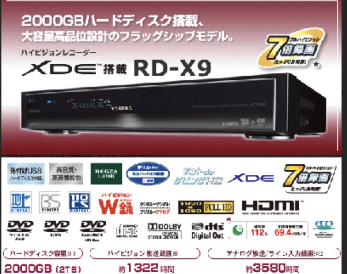 RD-X9 TOSHIBA 2TB 売上大特価 ダビング10対応、2番組録画、動作品10日