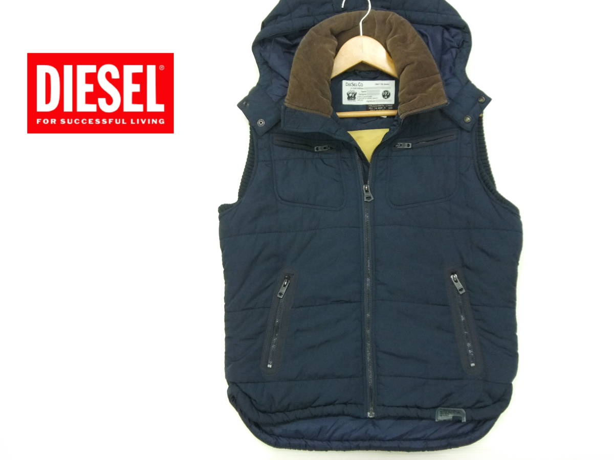 ■DIESEL■中綿ベスト 濃紺 Mサイズ ダウン風 肩ヨーク切り替えし パーカー フーデッド ディーゼル