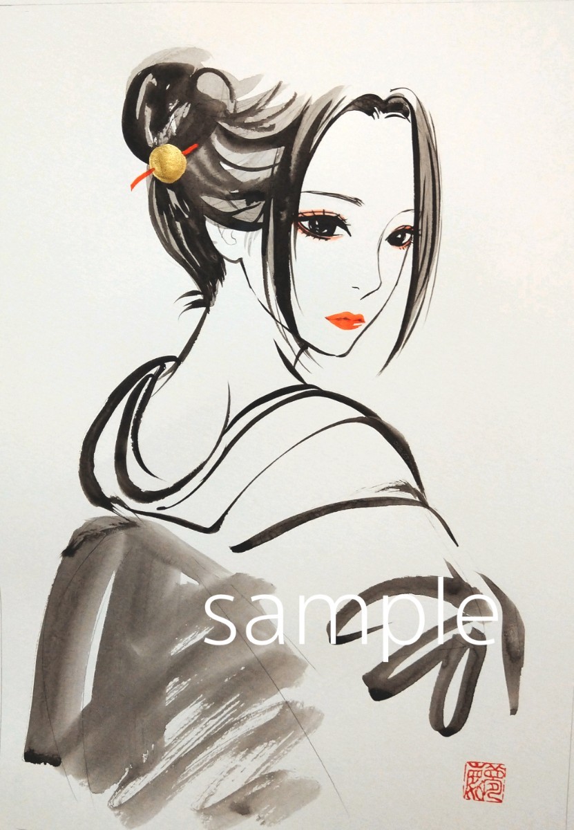 水彩画 肉筆原画 ドローイング 和装 美人画 手描きイラスト 絵画 A4