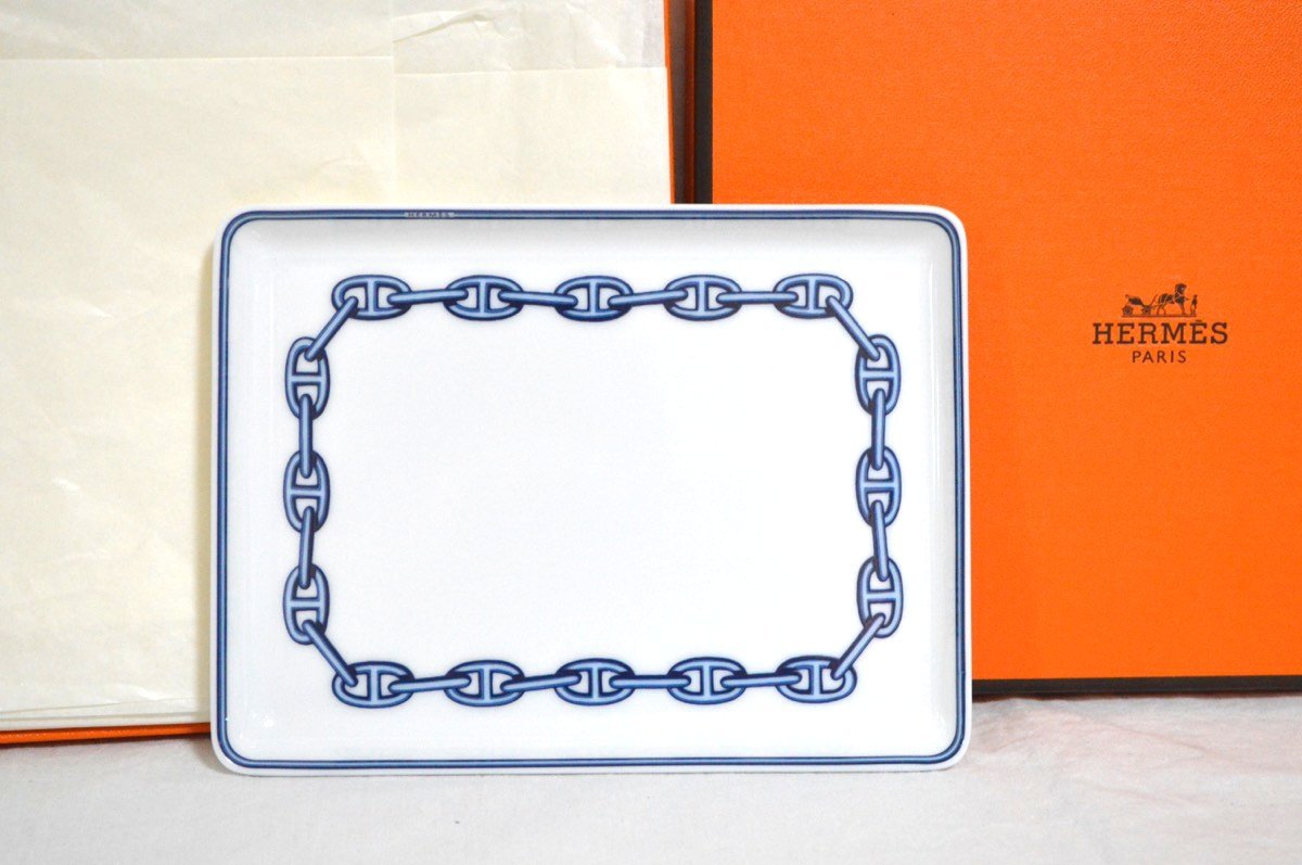 1円●未使用箱付●エルメス●ディッシュプレート●シェーヌダンクル ブルー スクエア型 チェーン柄 ロゴ 青 白 インテリア ロゴ 大人気