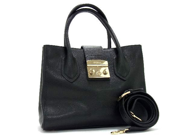 1円 ■美品■ FURLA フルラ メトロポリス レザー 2WAY ハンドバッグ トート ショルダー 肩掛け ブラック系 BG4311