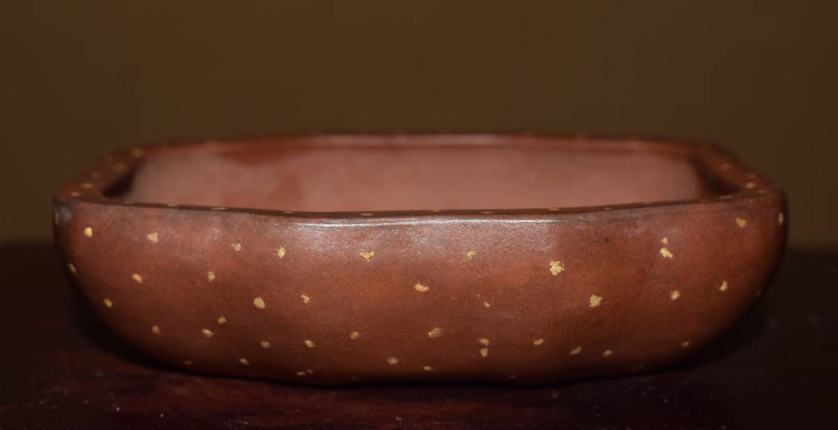 中国古盆器＜中国宜興・梨皮泥・在落款・時代乗り満点・・泥味抜群・・小品サイズ＞切立ち木瓜鉢・間口１１，５ｃｍ