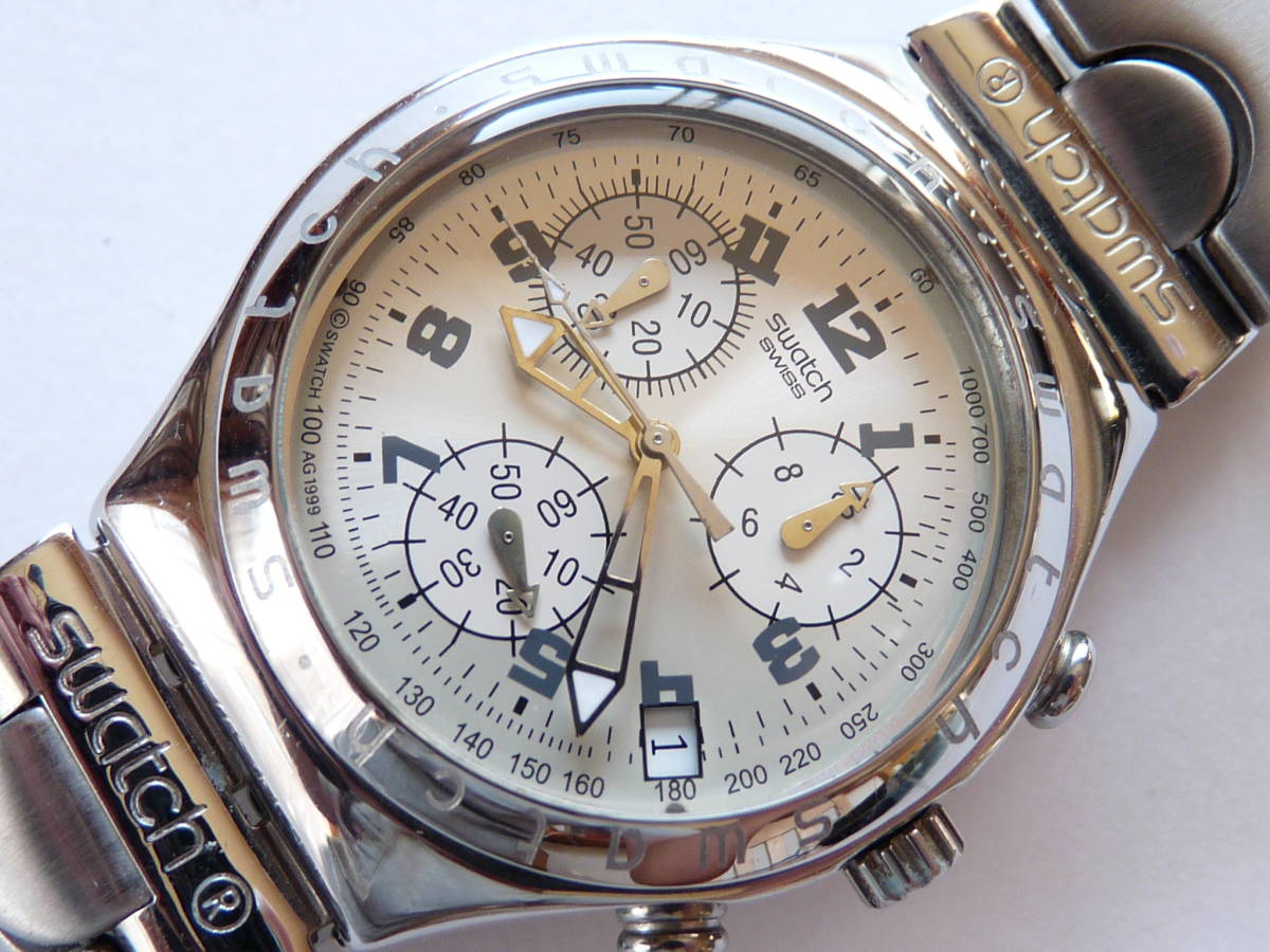 短期使用品 電池交換済 2000年モデル スウォッチ Swatch アイロニークロノ CADMOS WHITE 品番YCS411G ４時方向にデイト表示有り
