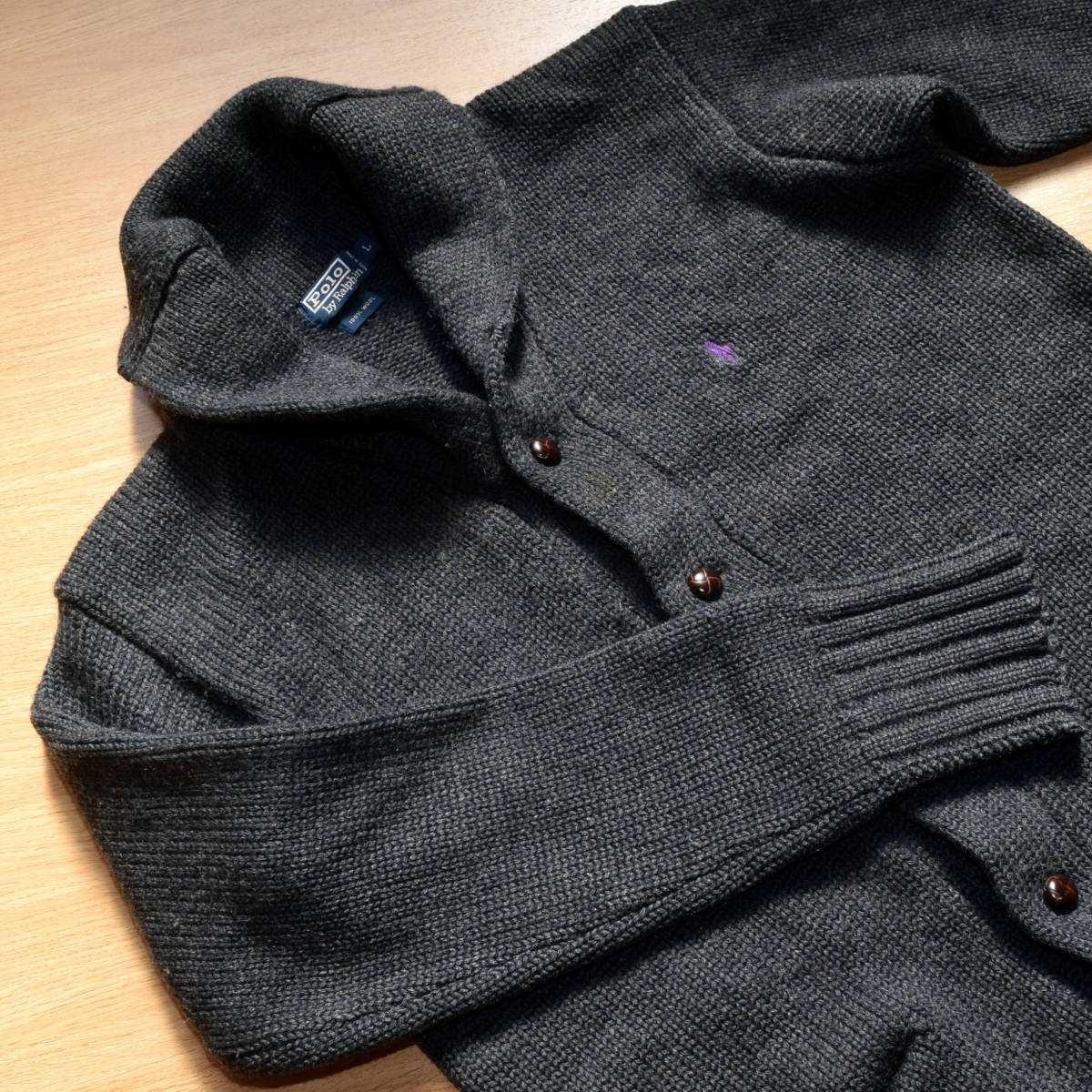 メンズL ポロラルフローレン 毛100％ ウール ニット カーディガン ショールカラー ジャケット くるみボタン アウター 古着 ビンテージ