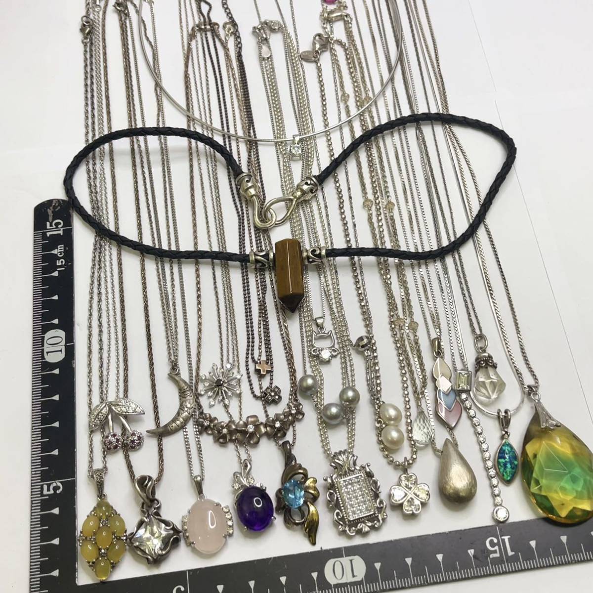 【全てに925/SILVER/STERLING/銀製 K18刻印】ネックレス24本まとめて 天然石 真珠 オパール アメジスト CZ ブランドCrescent/Folli Folli等