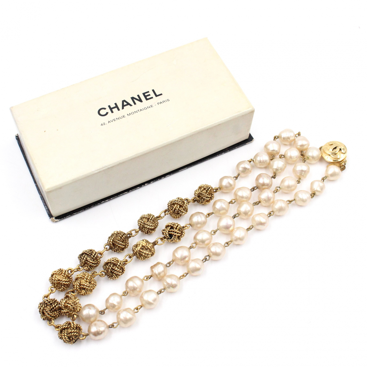 行董】 CHANEL シャネル フェイクパール ロングネックレス ココマーク 