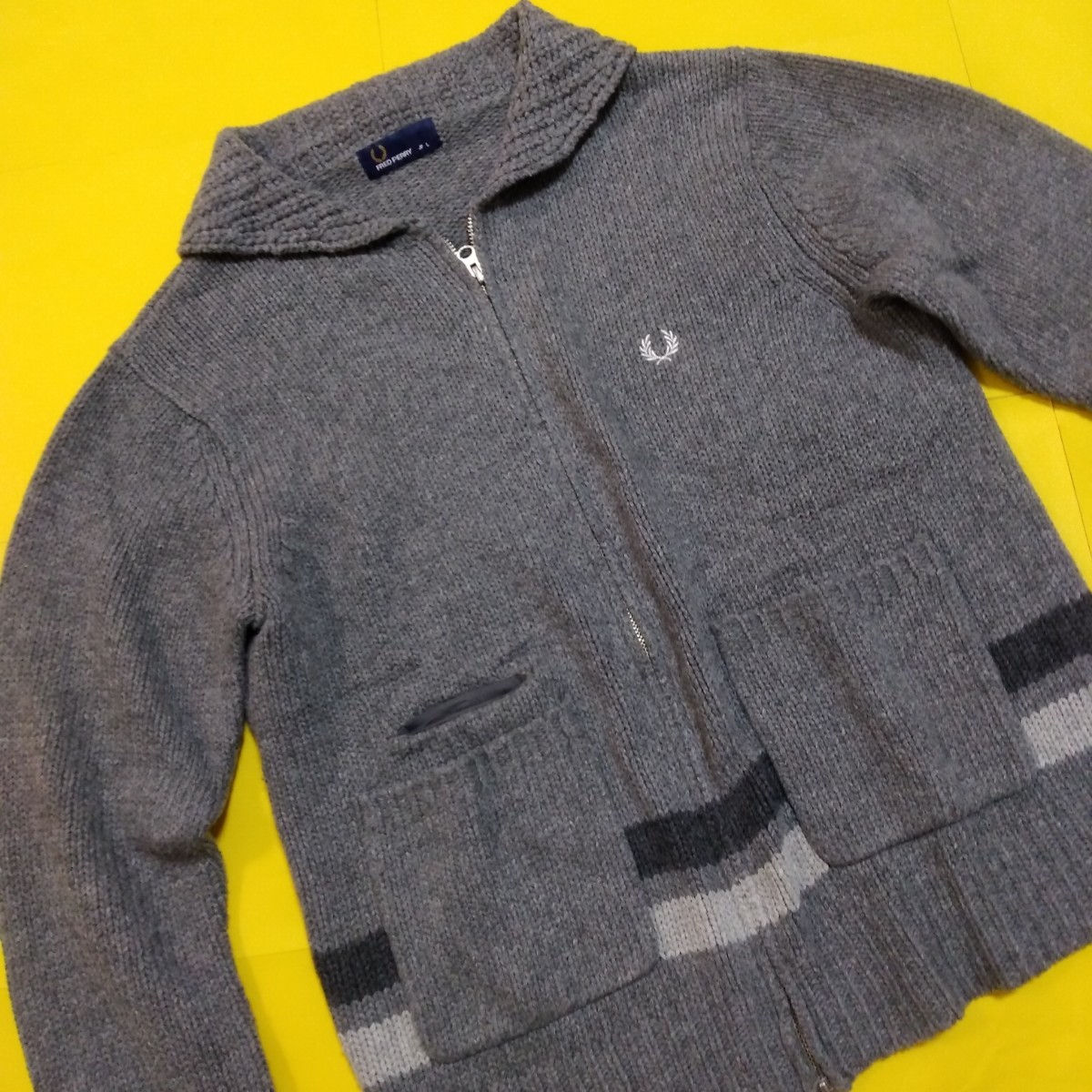 FRED PERRY フレッドペリー グレー ドライバーズ ニット ダブルジップ 