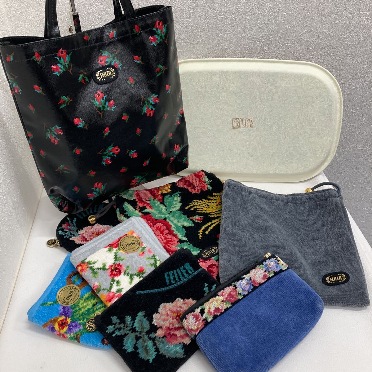 □5799　【卸売】FEILER フェイラー おまとめ ポーチ ハンドバック お盆 ハンカチ 花柄 シュニール織り レディース