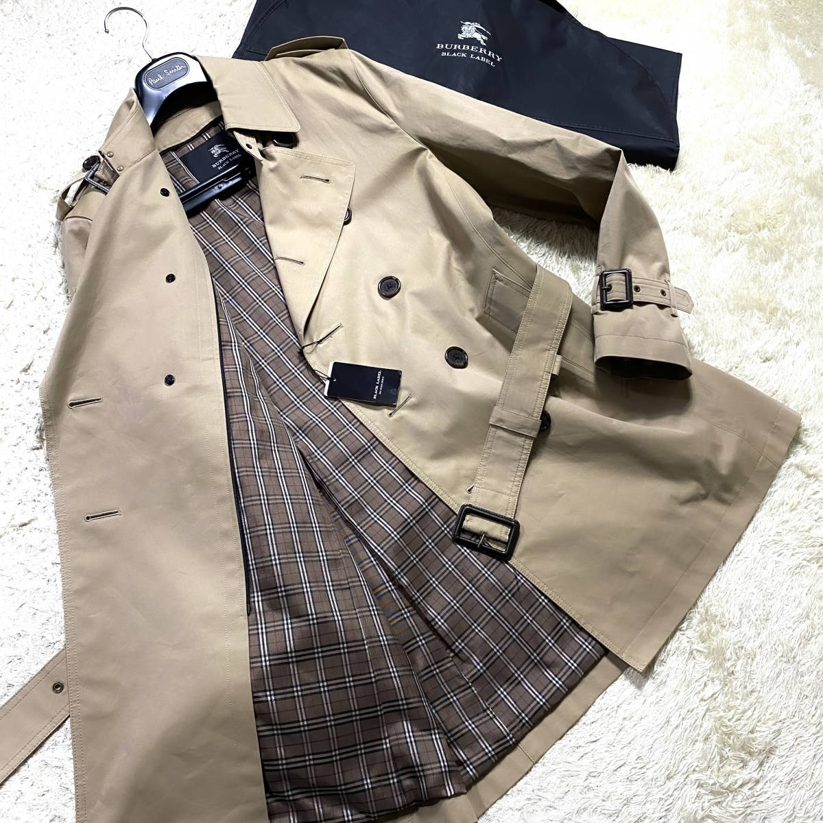 美品 バーバリー ブラックレーベル ナポレオン ウールコート 刻印 ノバチェック 絶版未使用級BURBERRY BLACKLABELナポレオンコートL~Mベージュ刻印釦