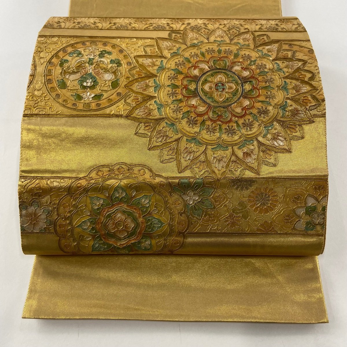 袋帯 美品 秀品 華文 向かい鳥 箔 金銀彩 金色 お太鼓柄 正絹 【中古】