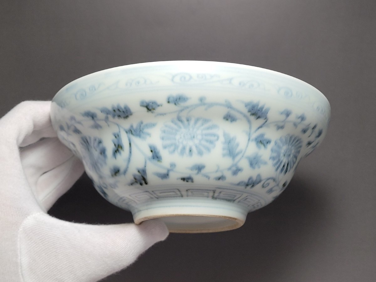 染付 纏枝花紋 龍紋碗 時代唐物 幅約17.8cm / 明清時代 盃 小碗 杯 盞
