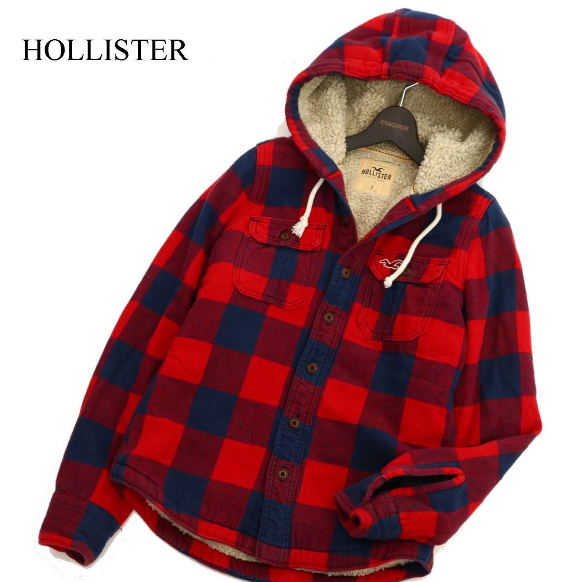 HOLLISTER ホリスター 秋冬 ロゴ刺繍★ 裏ボア フーディー チェック ワーク ネル CPO ジャケット Sz.S　メンズ 赤×ネイビー　C3T10370_B#B