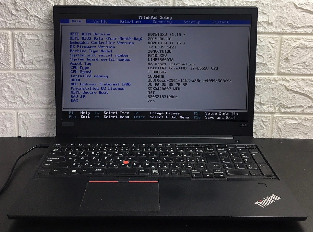 1円～ ■ジャンク LENOVO ThinkPad E590 / Core i7 8565U 1.80GHz / メモリ 16GB / ストレージ欠品 / 15.6型 / OS無し / BIOS起動可