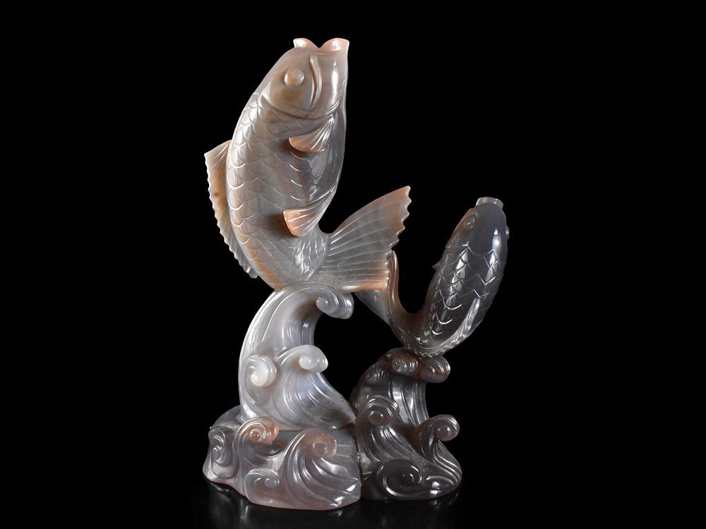 雲】某有名収集家買取品 瑪瑙 中国古玩 波鯉 魚 中国美術 唐