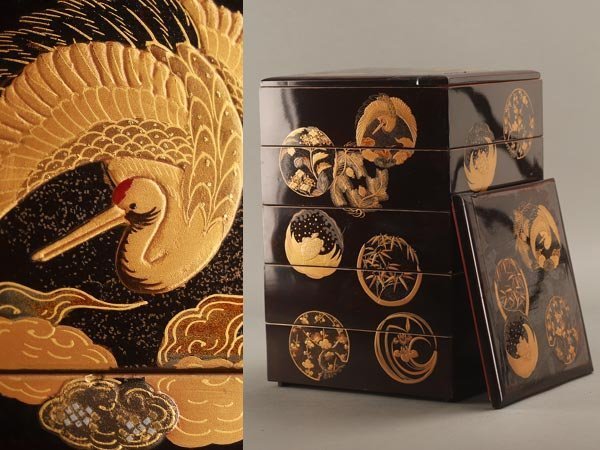 安い大阪 店舗 【琴》送料無料 時代漆器 松竹梅鶴亀蒔絵 五段重箱 箱付
