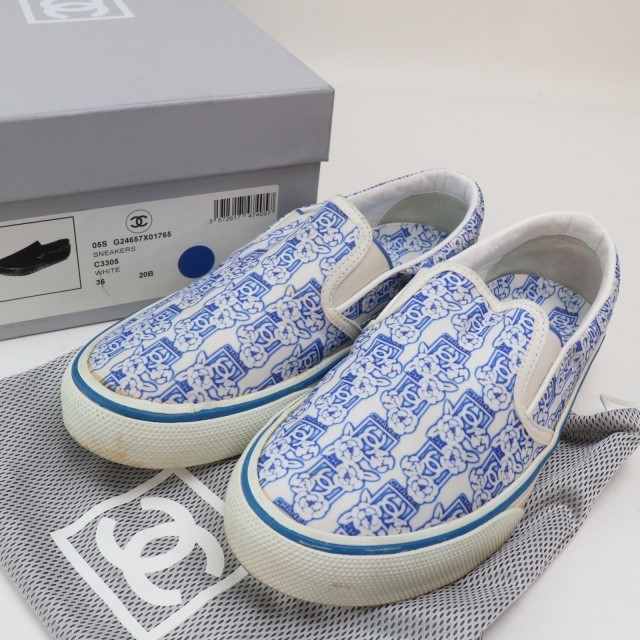 2311-73 シャネル スニーカー スリッポン CHANEL サイズ 36 ホワイト×ブルー 花柄 箱有
