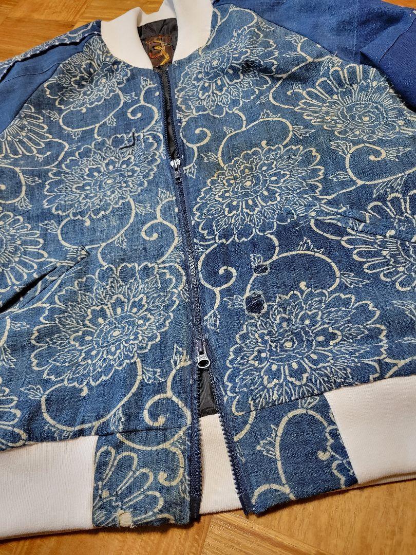 H1202 古布リメイク 木綿 藍染め 筒書き 型染め 襤褸 らんる ダブル